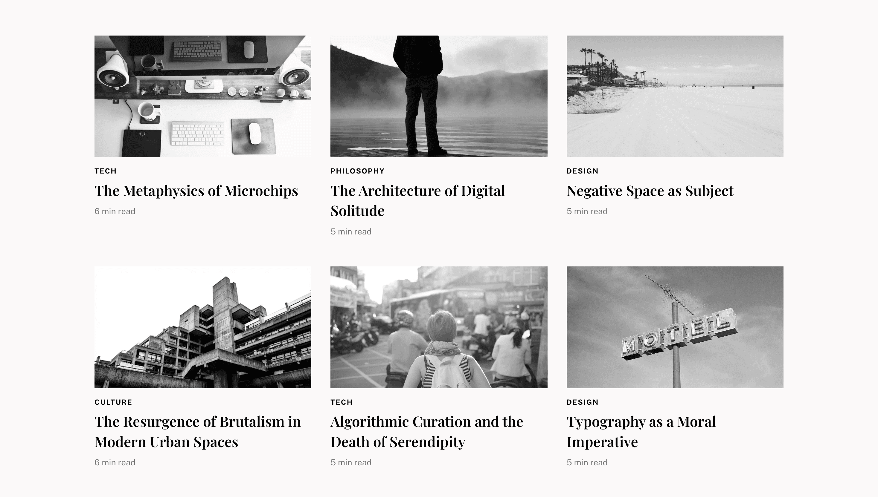 Category grid of articles with reading time