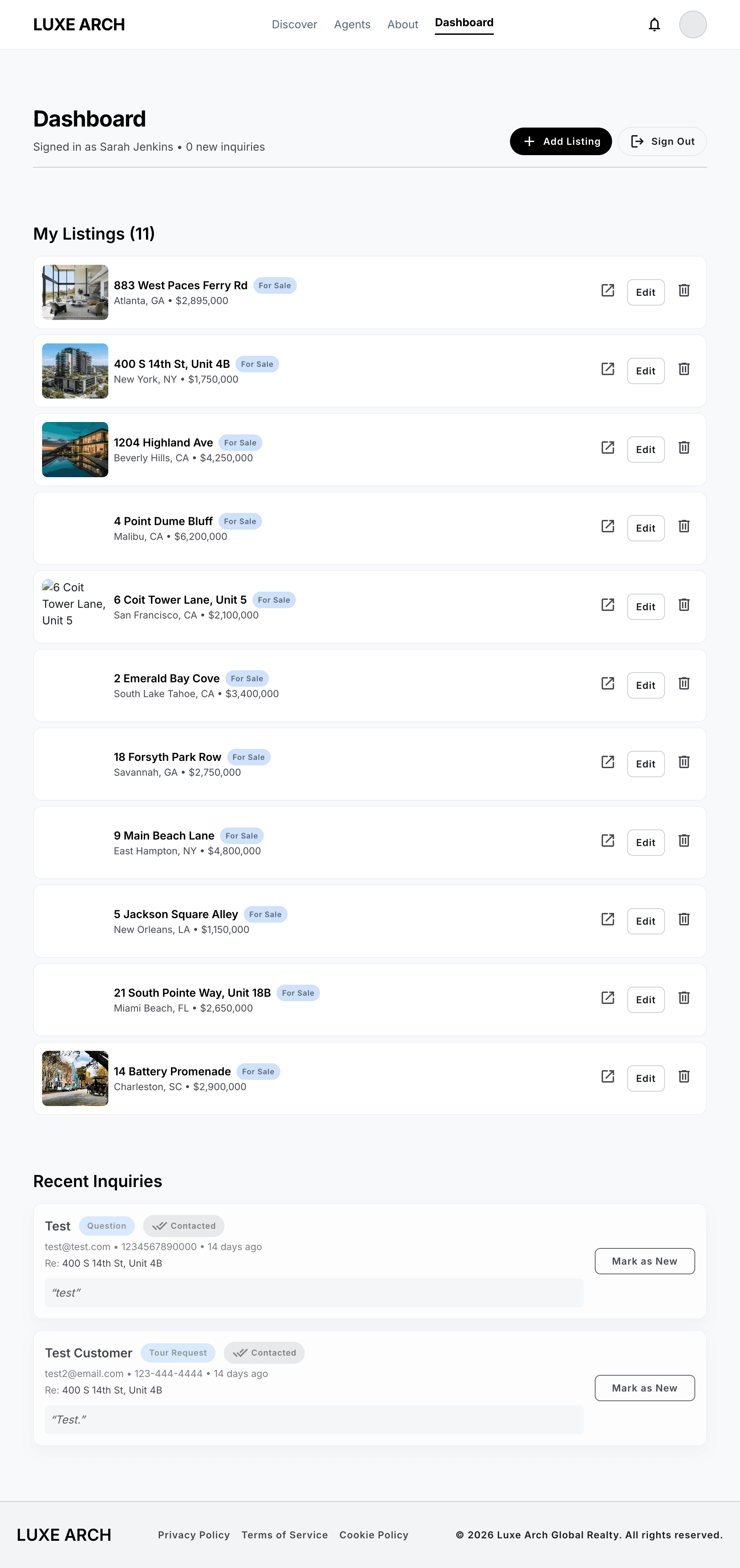 Agent dashboard with listings management and inquiry tracking