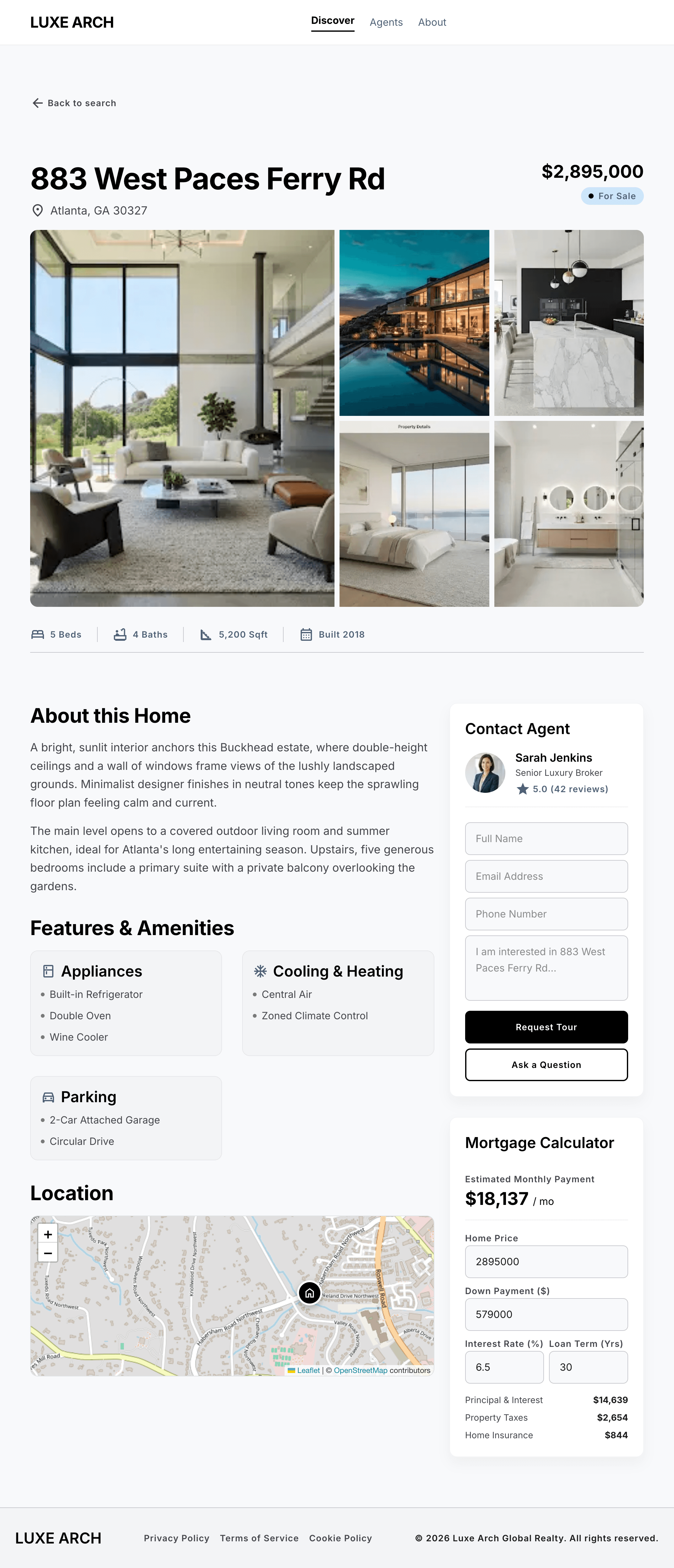 Property detail page with gallery, amenities, and mortgage calculator