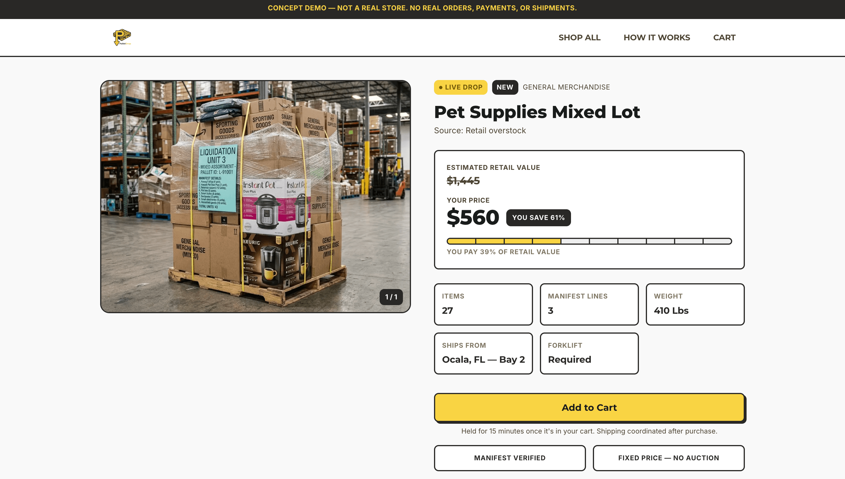 Pallet detail page with manifest and pricing