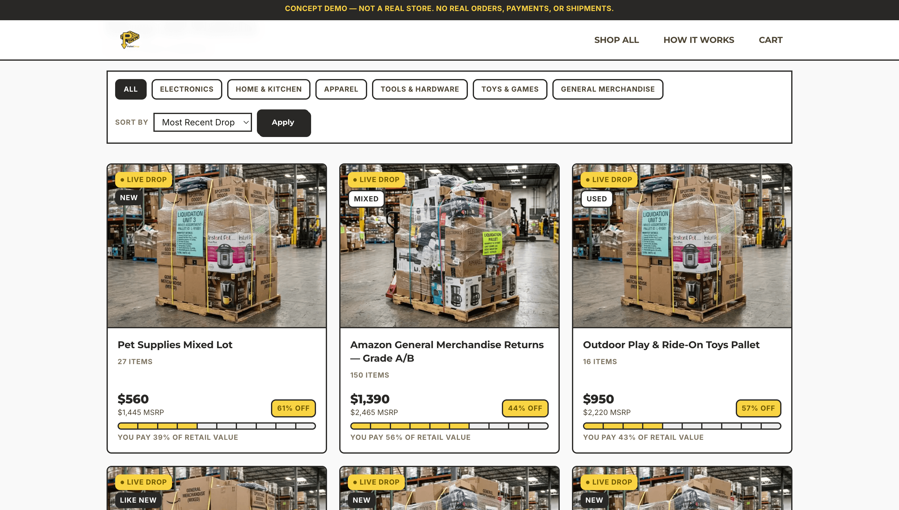 Shop grid with category filters and live drops